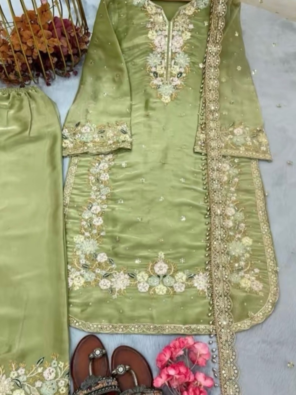 Embroidered Olive Green Suit with Dupatta